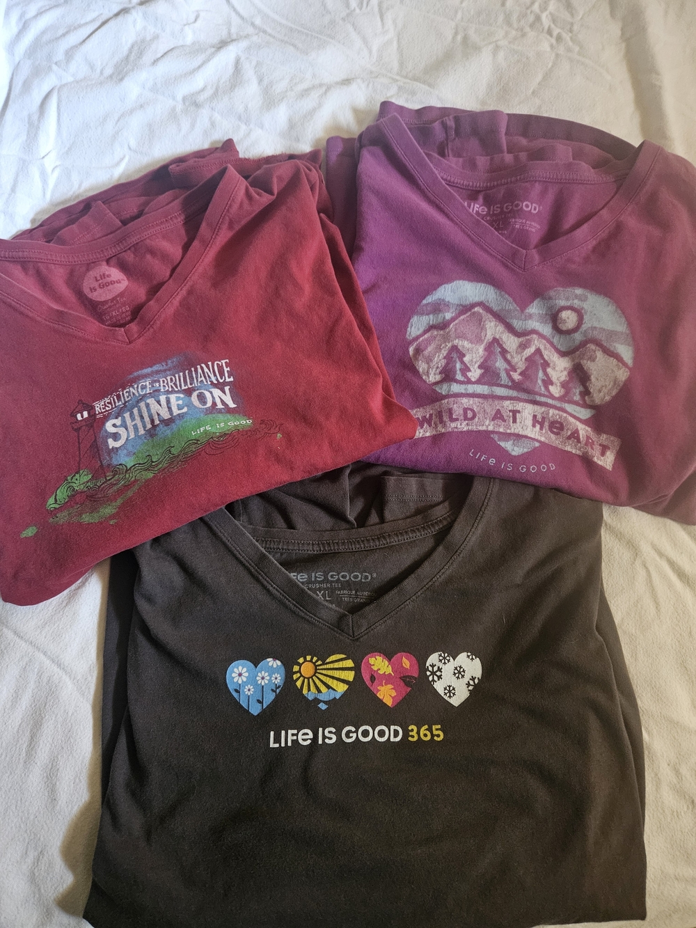 Life Is Good Women's Red, Magenta & Charcoal Graphic V-Neck Tees (3-Pack)